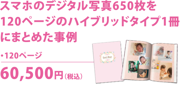 スマホのデジタル写真650枚を120ページのハイブリッドタイプ1冊にまとめた事例