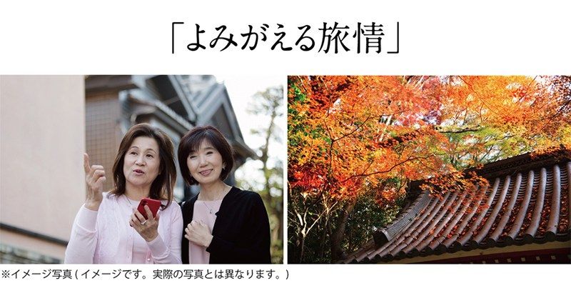 旅行を楽しむ2人に女性と紅葉の写真