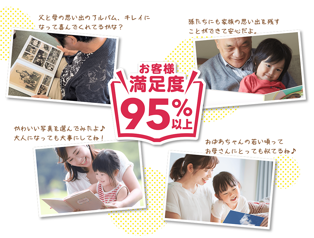 お客様満足度95%以上!「父と母の思い出のアルバム、キレイになって喜んでくれてるかな?」「孫たちにも家族の思い出を残すことができて安心だよ。」「かわいい写真を選んでみたよ♪大人になっても大事にしてね!」「おばあちゃんの若い頃ってお母さんにとっても似てるね♪」