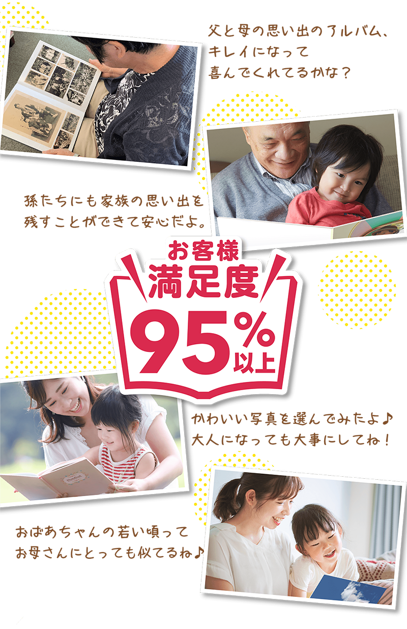 お客様満足度95%以上!「父と母の思い出のアルバム、キレイになって喜んでくれてるかな?」「孫たちにも家族の思い出を残すことができて安心だよ。」「かわいい写真を選んでみたよ♪大人になっても大事にしてね!」「おばあちゃんの若い頃ってお母さんにとっても似てるね♪」